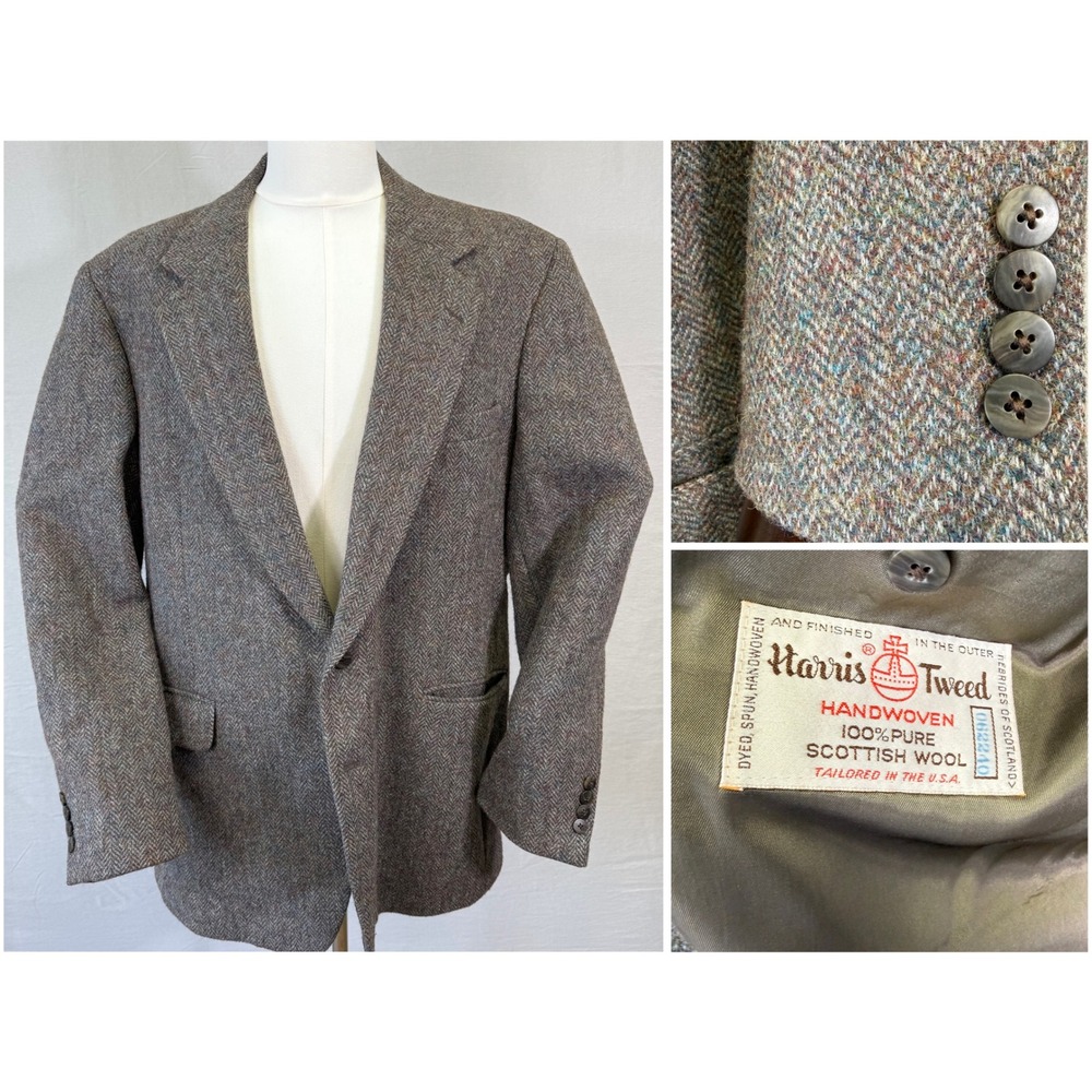 Harris Tweed Sport Coat Mens 46L Brown Herringbone Wool Blazer Nordstrom USA
